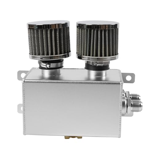 POSENG Universal Aluminum 10AN 1.2L Twin Baffle Dual Filter Engine Oil Catch Can Tank With 2 Air Filters Oil Catch Reservoir Tank Can Breather Kit Silver - Image 1