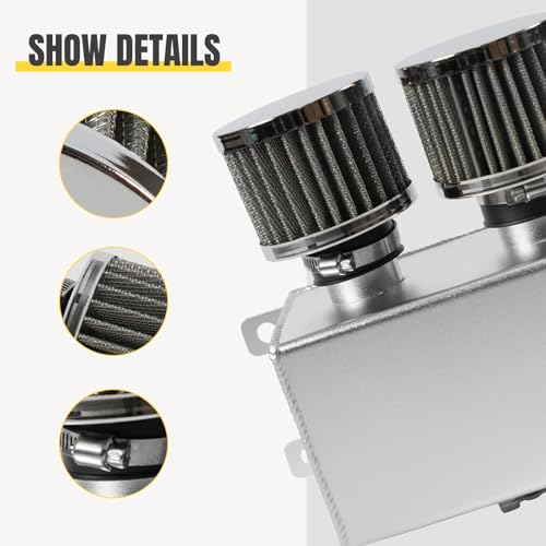 POSENG Universal Aluminum 10AN 1.2L Twin Baffle Dual Filter Engine Oil Catch Can Tank With 2 Air Filters Oil Catch Reservoir Tank Can Breather Kit Silver - Image 5