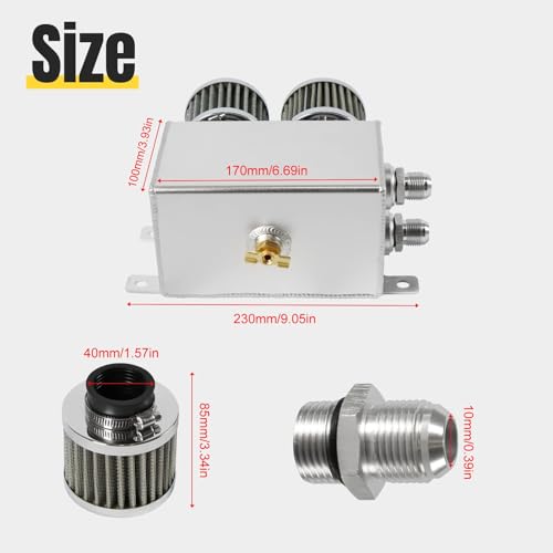 POSENG Universal Aluminum 10AN 1.2L Twin Baffle Dual Filter Engine Oil Catch Can Tank With 2 Air Filters Oil Catch Reservoir Tank Can Breather Kit Silver - Image 2