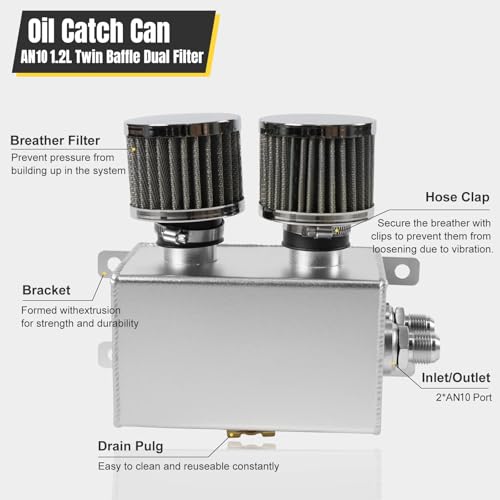 POSENG Universal Aluminum 10AN 1.2L Twin Baffle Dual Filter Engine Oil Catch Can Tank With 2 Air Filters Oil Catch Reservoir Tank Can Breather Kit Silver - Image 3