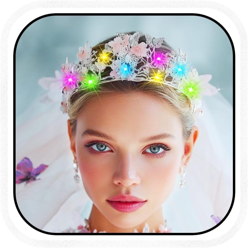 Brishow Butterfly Light up Tiara, Pearl Flower Fairy Crown Headpiece for Women - Image 1