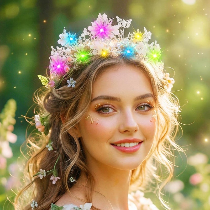 Brishow Butterfly Light up Tiara, Pearl Flower Fairy Crown Headpiece for Women - Image 3