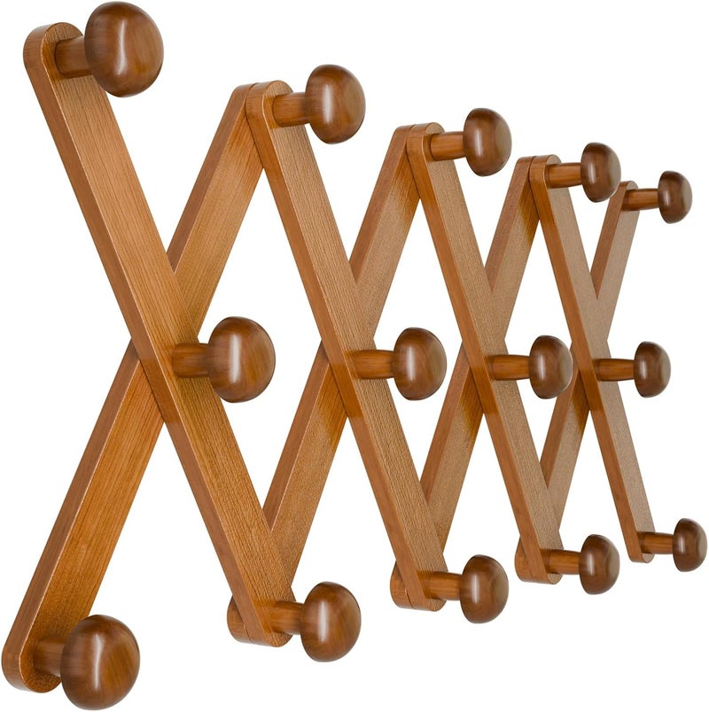 WGFKVAS شماعة حائط أكورديون 14 خطاف، رف معاطف قابل للتمديد مثبت على الحائط للمعاطف، القبعات، الحقائب، قبعات البيسبول، خشب صلب. - Image 1
