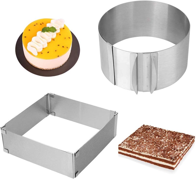 Meichu Adjustable Cake Ring 2 Pack, 6 to 12 Inch Stainless Steel Mousse Cake Mold Ring with scaling for Kitchen DIY Pastry, Square and Round - Image 1