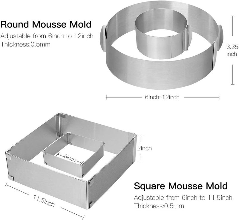 Meichu Adjustable Cake Ring 2 Pack, 6 to 12 Inch Stainless Steel Mousse Cake Mold Ring with scaling for Kitchen DIY Pastry, Square and Round - Image 2
