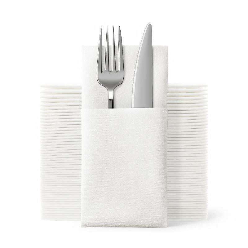 JEBBLAS Disposable Cloth Like Napkins  Built-in Flatware Pocket  Wedding Party Linen Feel White Napkin  Prefolded for Silverware 150 Count (150 Pack)