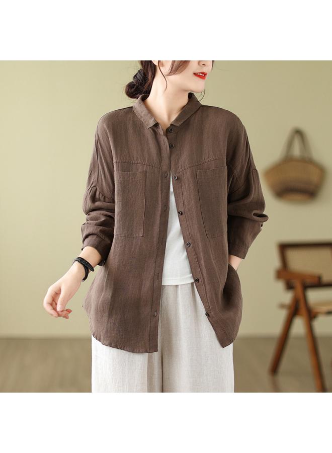 VUELO Real Shot Autumn Cotton And Linen Lapel Artistic Loose Casual Long-sleeved Cardigan Solid Color Shirt For Women - Image 3