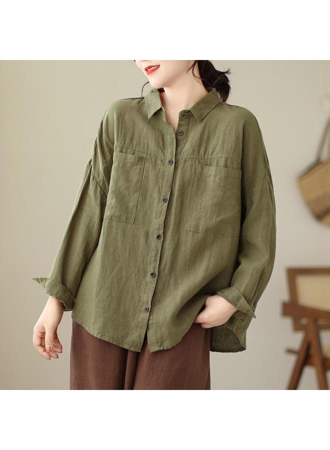 VUELO Real Shot Autumn Cotton And Linen Lapel Artistic Loose Casual Long-sleeved Cardigan Solid Color Shirt For Women - Image 4