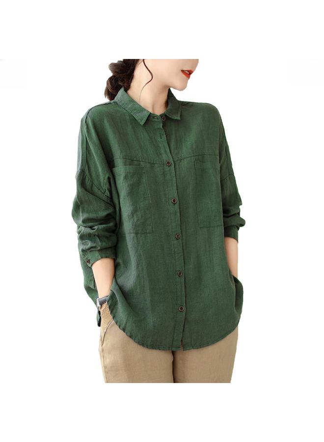 VUELO Real Shot Autumn Cotton And Linen Lapel Artistic Loose Casual Long-sleeved Cardigan Solid Color Shirt For Women - Image 5