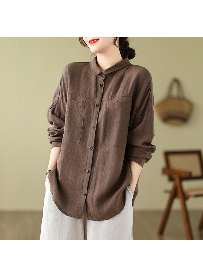 VUELO Real Shot Autumn Cotton And Linen Lapel Artistic Loose Casual Long-sleeved Cardigan Solid Color Shirt For Women - Image 2