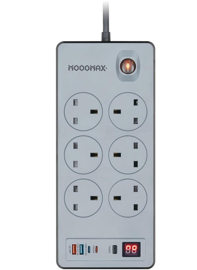 MOOGMAX BOOM Multiple cord Extension 2990W, with Six-socket, two Type-C ports support fast charging up to 20W and two USB-A ports compatible with most devices, an electrical strip equipped with an automatic shut-off timer (For Type-C and USB ports only, power outlets are not included) and an on/off button, a fire-safe socket up to 750 C, certified with quality and safety (SASO, GCC and RoHS) certificates. 3 meters long. From Moogmax  - Image 1