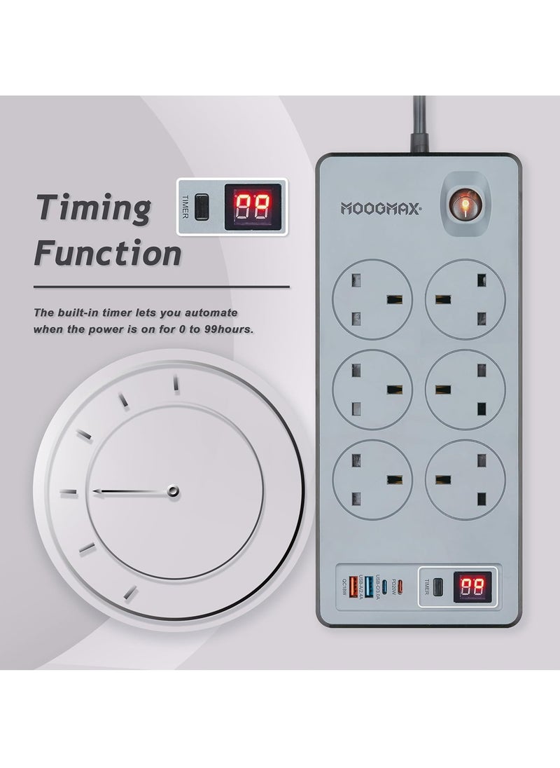MOOGMAX BOOM Multiple cord Extension 2990W, with Six-socket, two Type-C ports support fast charging up to 20W and two USB-A ports compatible with most devices, an electrical strip equipped with an automatic shut-off timer (For Type-C and USB ports only, power outlets are not included) and an on/off button, a fire-safe socket up to 750 C, certified with quality and safety (SASO, GCC and RoHS) certificates. 3 meters long. From Moogmax  - Image 3