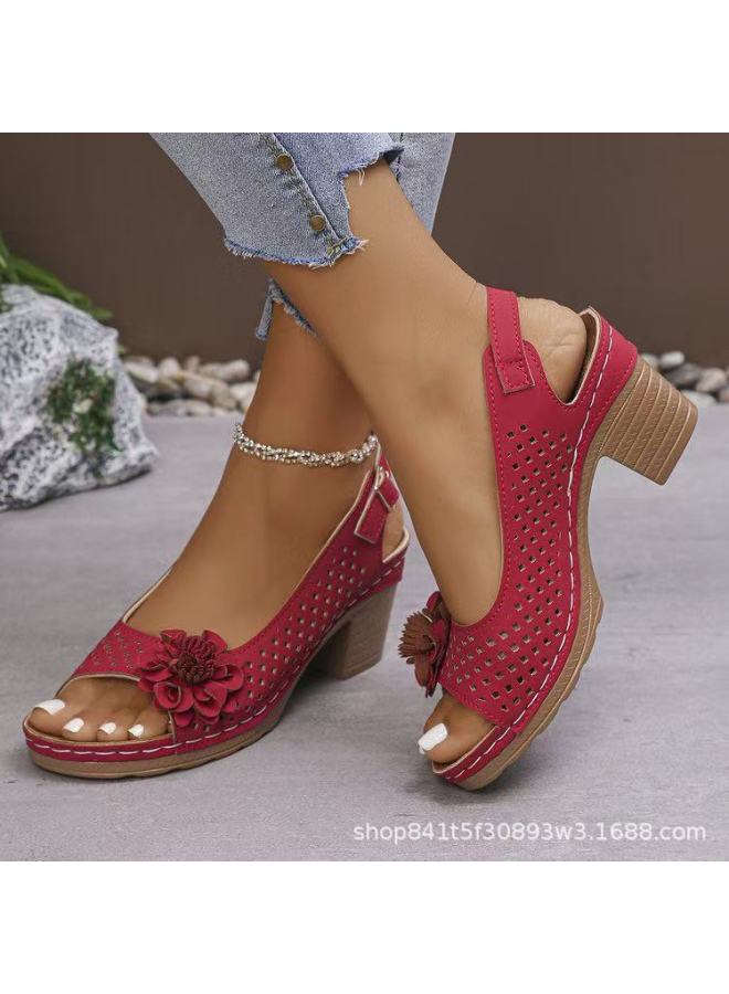 Women's Shoes Large Size Floral High-heeled Sandals For Women Summer New European And American Fashion Thick-heeled Buckle Sandals For Women