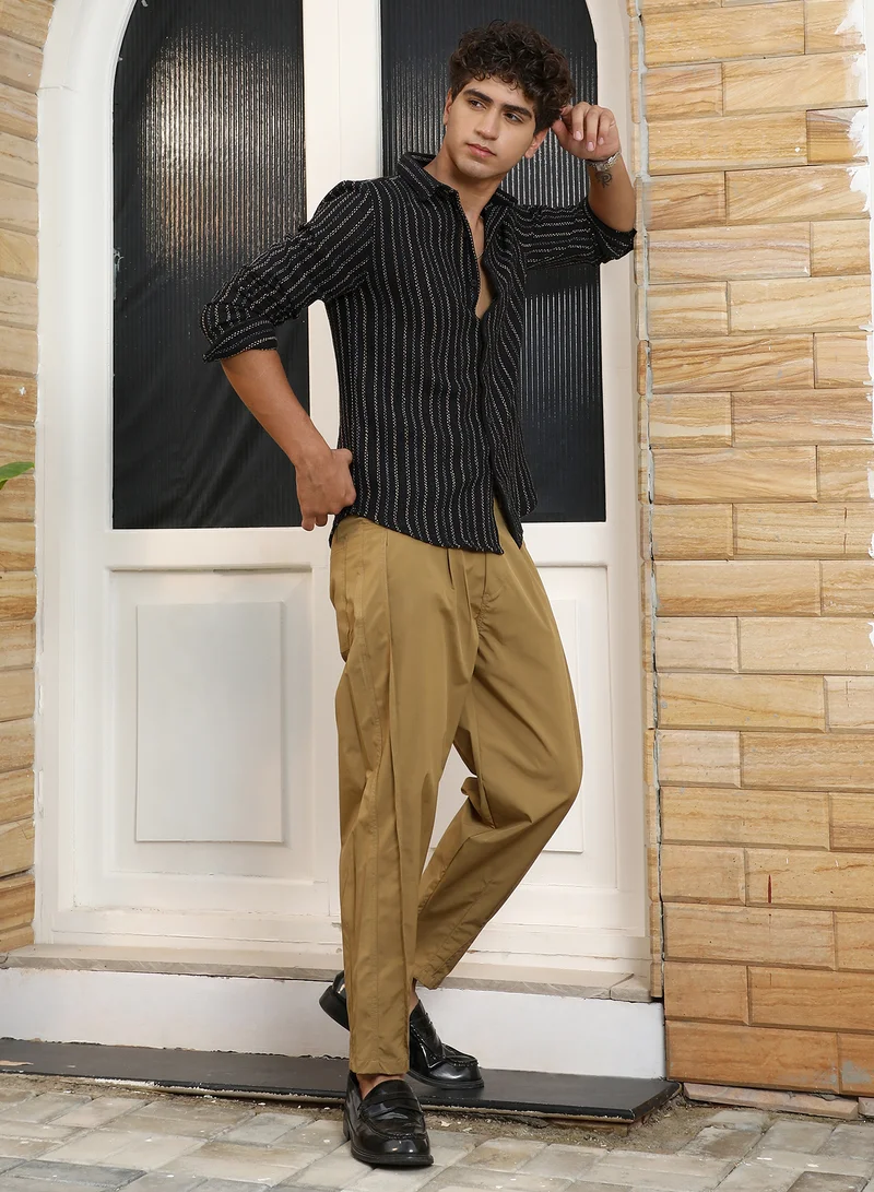 Campus Sutra Men's Onyx Black Duo-Jacquard Striped Shirt | Spread Collar , Long Cuffed Sleeves , Button Closure , Curved Hem | Stripes Jacquard | Cotton Shirt For Casual Wear