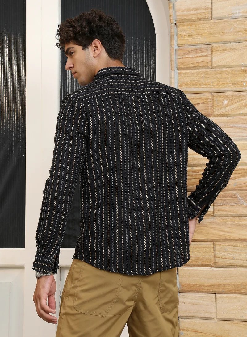 Campus Sutra Men's Onyx Black Duo-Jacquard Striped Shirt | Spread Collar , Long Cuffed Sleeves , Button Closure , Curved Hem | Stripes Jacquard | Cotton Shirt For Casual Wear