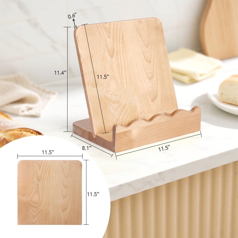 Slirike Scalloped Wooden Cookbook Stand with Removable Cutting Board â€“ Adjustable Recipe Book Holder, Charcuterie Board & Kitchen Serving Tray â€“ Kitchen Counte Decor/Maple Wood - Image 2
