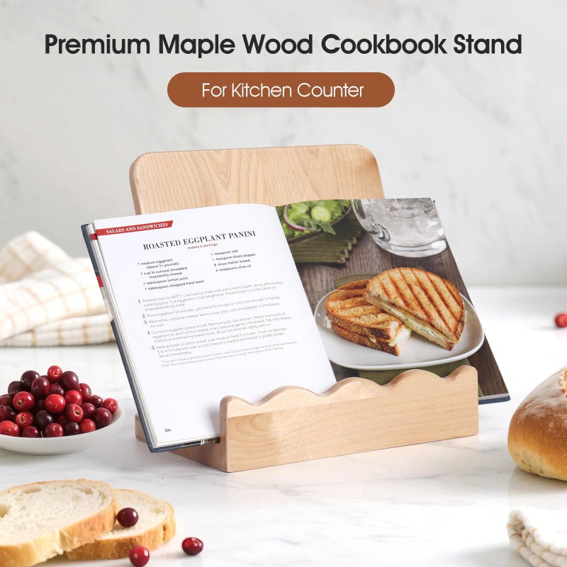 Slirike Scalloped Wooden Cookbook Stand with Removable Cutting Board â€“ Adjustable Recipe Book Holder, Charcuterie Board & Kitchen Serving Tray â€“ Kitchen Counte Decor/Maple Wood - Image 5