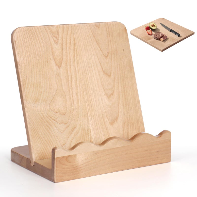 Slirike Scalloped Wooden Cookbook Stand with Removable Cutting Board â€“ Adjustable Recipe Book Holder, Charcuterie Board & Kitchen Serving Tray â€“ Kitchen Counte Decor/Maple Wood - Image 1