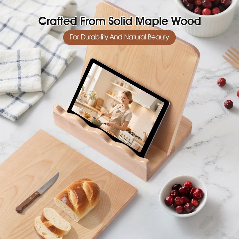 Slirike Scalloped Wooden Cookbook Stand with Removable Cutting Board â€“ Adjustable Recipe Book Holder, Charcuterie Board & Kitchen Serving Tray â€“ Kitchen Counte Decor/Maple Wood - Image 4