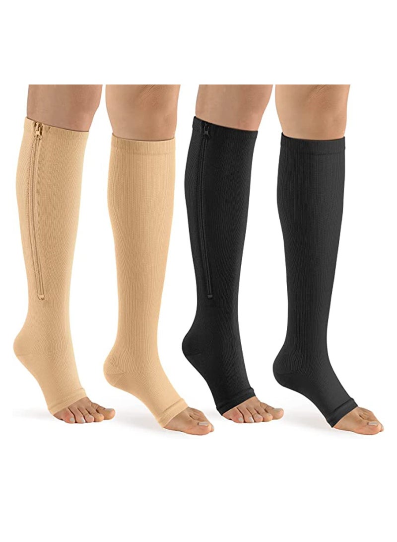 2 Pairs Compression Socks Open Toe Compression Stockings Knee High Socks with Zipper Compression Pantyhose 15-20mmHg for Improves Blood Circulation Prevents Leg Swelling (Beige Black) - Image 1