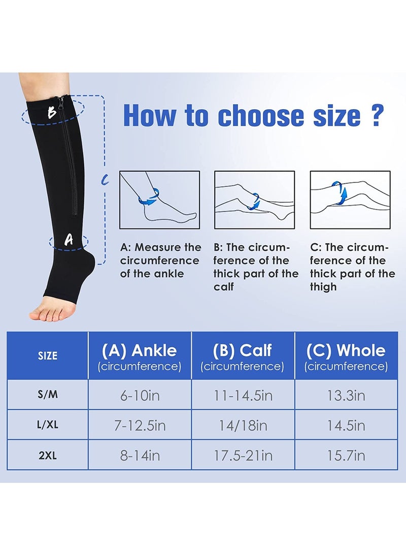 2 Pairs Compression Socks Open Toe Compression Stockings Knee High Socks with Zipper Compression Pantyhose 15-20mmHg for Improves Blood Circulation Prevents Leg Swelling (Beige Black) - Image 4