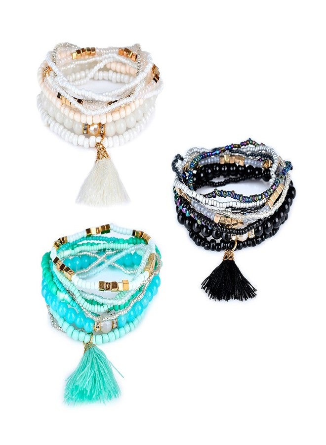LUREME Bohemian Beads Pearl Tassel Multi Strand Textured Stackable Bangle Bracelet Set-White(bl003054-1) - Image 3