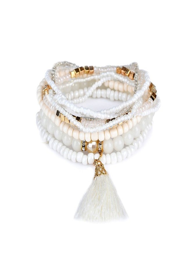 LUREME Bohemian Beads Pearl Tassel Multi Strand Textured Stackable Bangle Bracelet Set-White(bl003054-1) - Image 1