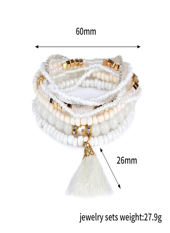 LUREME Bohemian Beads Pearl Tassel Multi Strand Textured Stackable Bangle Bracelet Set-White(bl003054-1) - Image 4