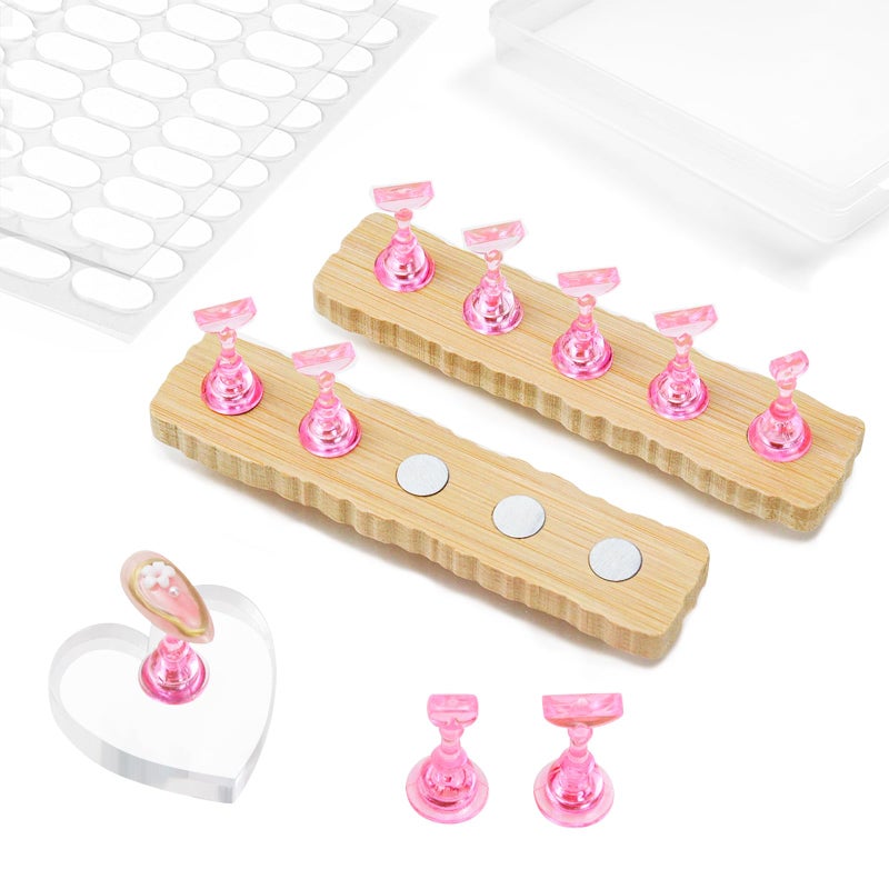 ESUOHYM Nail Stand for Press On Art Display Practice 2 Sets, 1 Heart Acrylic Magnetic Nail Stands, Fake Nail Holder Tips, 200 PCS Double-Sided Tape, DIY Kit Home Supplies (Wood And Pink, Medium) - Image 1
