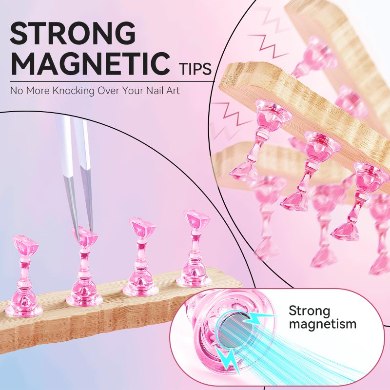ESUOHYM Nail Stand for Press On Art Display Practice 2 Sets, 1 Heart Acrylic Magnetic Nail Stands, Fake Nail Holder Tips, 200 PCS Double-Sided Tape, DIY Kit Home Supplies (Wood And Pink, Medium) - Image 2