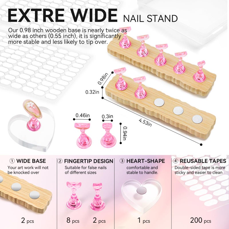 ESUOHYM Nail Stand for Press On Art Display Practice 2 Sets, 1 Heart Acrylic Magnetic Nail Stands, Fake Nail Holder Tips, 200 PCS Double-Sided Tape, DIY Kit Home Supplies (Wood And Pink, Medium) - Image 4