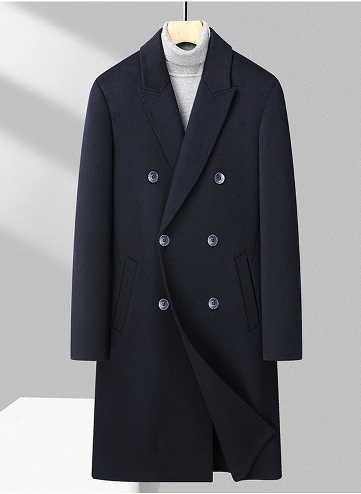 Loquat - Men's Double-Sided Woolen Casual Coat Slim Fit Suit Collar Long Jacket Overcoat Navy Blue - Image 1