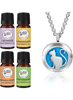 mEssentials Wild Essentials Pretty Kitty Cat Necklace Essential Oil Diffuser Kit, Lavender, Lemongrass, Peppermint, Orange Oils, 12 Refill Pads, Calming Aromatherapy Gift Set, Customizable Color Changing, Perfume 