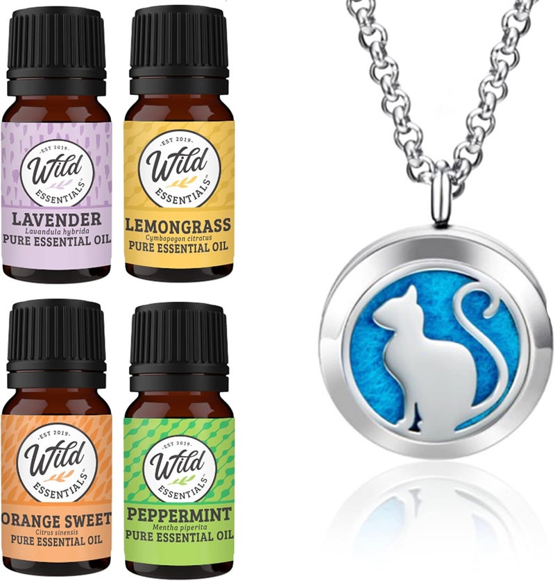 mEssentials Wild Essentials Pretty Kitty Cat Necklace Essential Oil Diffuser Kit, Lavender, Lemongrass, Peppermint, Orange Oils, 12 Refill Pads, Calming Aromatherapy Gift Set, Customizable Color Changing, Perfume 