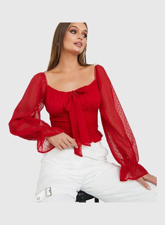 Styli Sweetheart Neck Swiss Dot Fitted Blouse