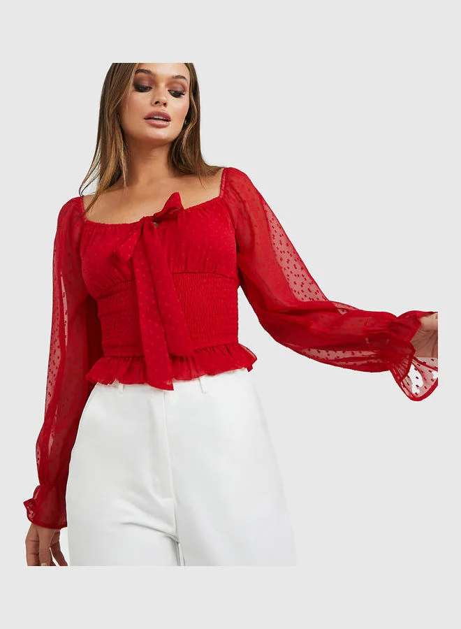 Styli Sweetheart Neck Swiss Dot Fitted Blouse