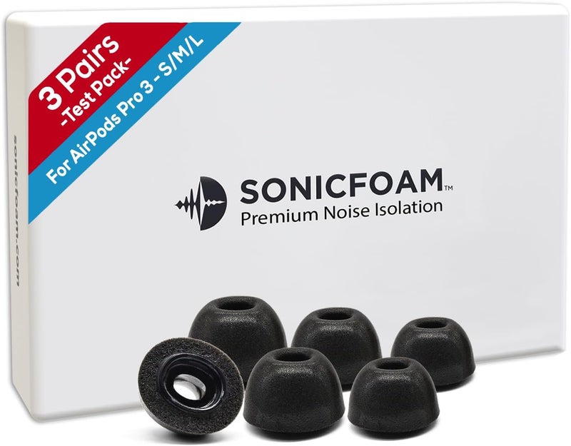SONICFOAM أطراف أذن رغوة الذاكرة (SFAir-3-Pro صغير/متوسط/كبير أسود) - متوافقة مع AirPods Pro 3 - (6 قطع / 3 أزواج) - Image 1