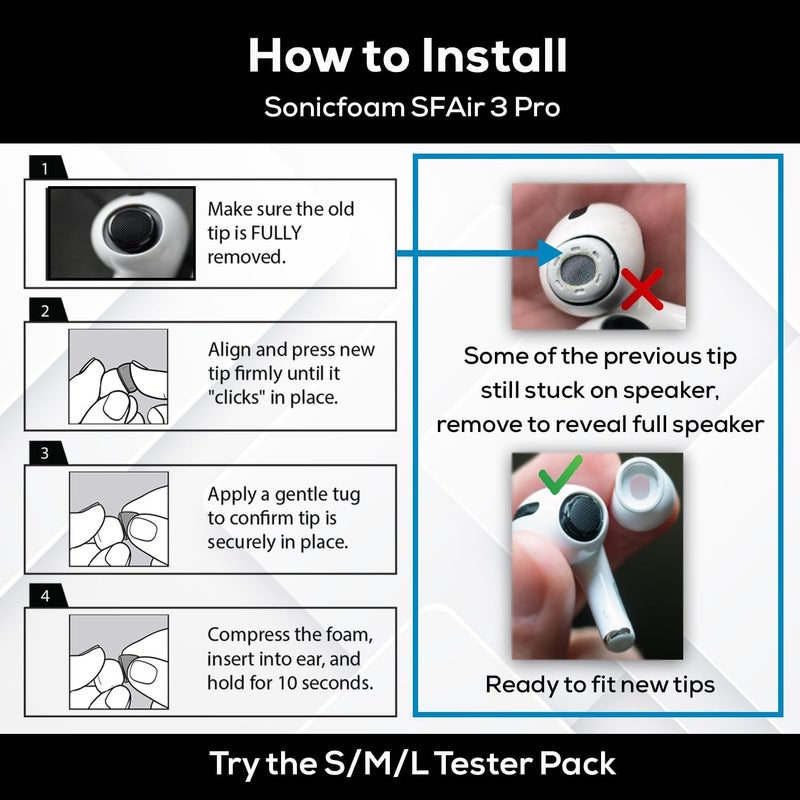 SONICFOAM أطراف أذن رغوة الذاكرة (SFAir-3-Pro صغير/متوسط/كبير أسود) - متوافقة مع AirPods Pro 3 - (6 قطع / 3 أزواج) - Image 3