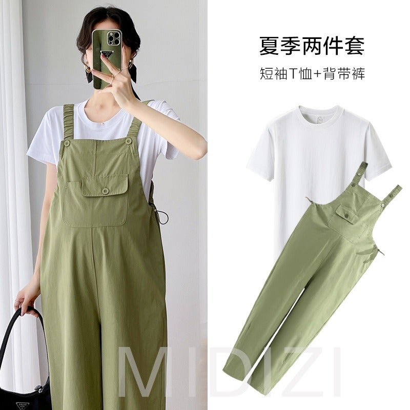 Qi Ta Maternity Overalls Summer Thin Set Loose Fit Plus Size Cotton Suspender Pants High Waist - Image 1