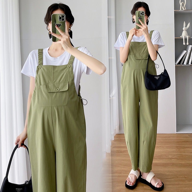 Qi Ta Maternity Overalls Summer Thin Set Loose Fit Plus Size Cotton Suspender Pants High Waist - Image 2