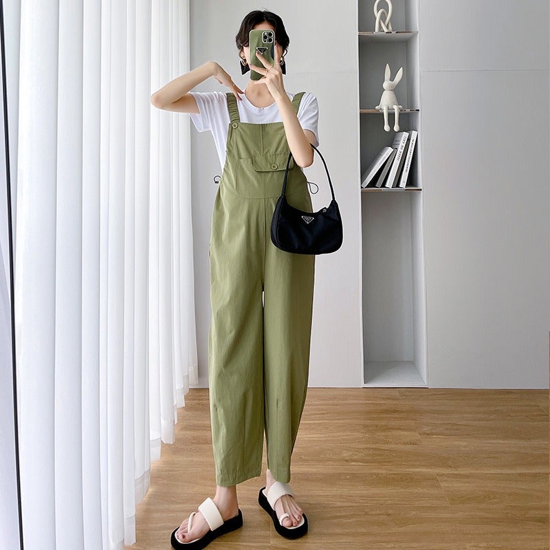 Qi Ta Maternity Overalls Summer Thin Set Loose Fit Plus Size Cotton Suspender Pants High Waist - Image 3
