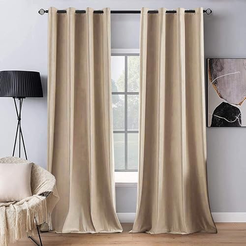 MIULEE 2 Panels Blackout Velvet Curtains Solid Soft Grommet Camel Beige Curtains Thermal Insulated Soundproof Room Darkening CurtainsDrapesPanels for Living Room Bedroom 52 x 90 Inch