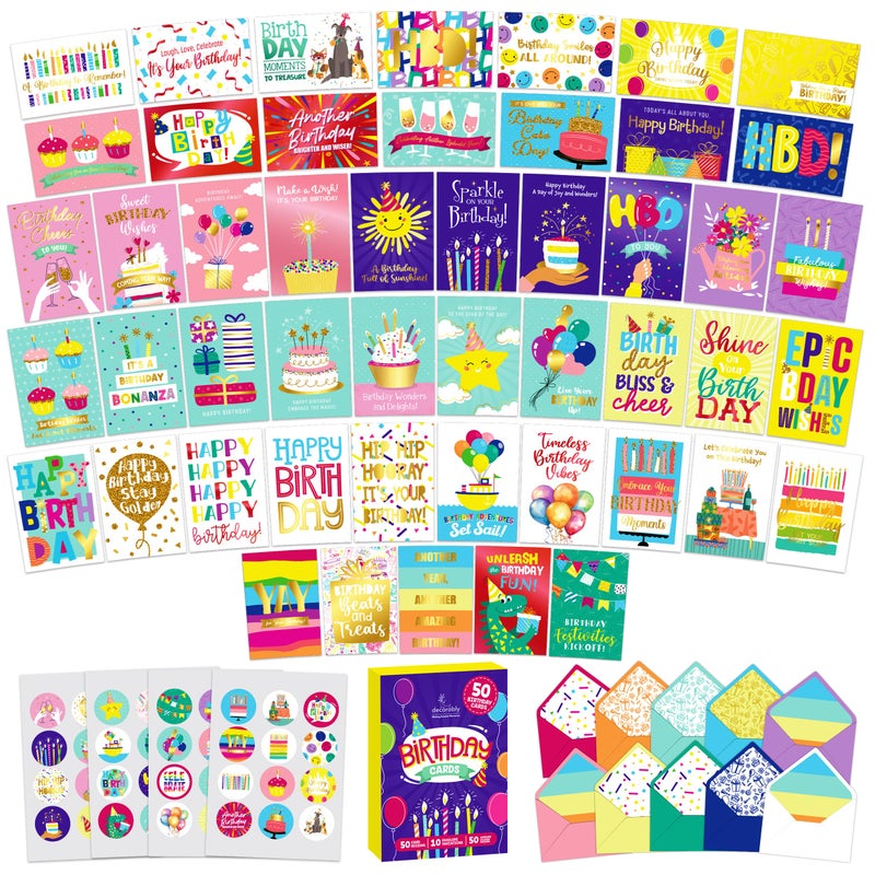 Decorably 50 Pack Foiled & Glittery 6x4in Assorted Adult & Kids Happy Birthday Cards Bulk with Envelopes & Stickers, 50 Unique Designs for Family, Friends & Loved Ones, Printed Message - Gifting - Image 1