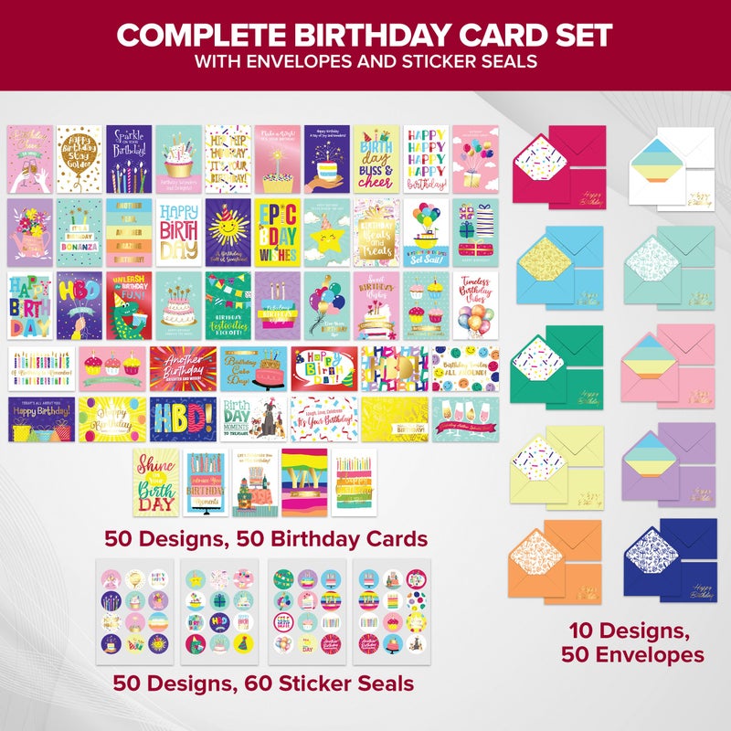 Decorably 50 Pack Foiled & Glittery 6x4in Assorted Adult & Kids Happy Birthday Cards Bulk with Envelopes & Stickers, 50 Unique Designs for Family, Friends & Loved Ones, Printed Message - Gifting - Image 2