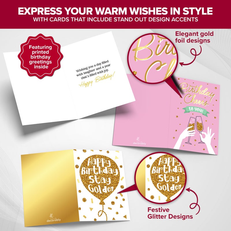 Decorably 50 Pack Foiled & Glittery 6x4in Assorted Adult & Kids Happy Birthday Cards Bulk with Envelopes & Stickers, 50 Unique Designs for Family, Friends & Loved Ones, Printed Message - Gifting - Image 4