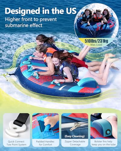 Sunrio Towable Tubes for Boating 1-3 Riders Inflatable Water Sport Towable Tube for Boat Heavy Duty Nylon Cover with Zipper Bolster Fins Safety Air Valve Padded Handle - Image 5