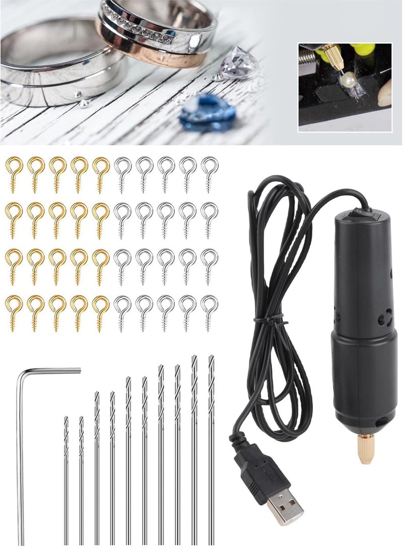 Kiboule Mini Small Electric Drill Set Portable Handheld Micro USB Drill with 10pcs Drills Bits 100pcs Screw Eye Pin for Jewelry DIY Aluminum Products Wood Key Chain Making Resin Casting Molds Black - Image 1