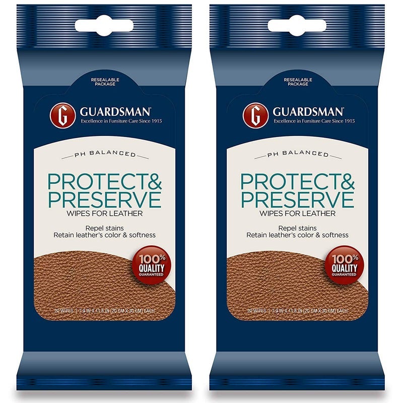 Guardsman Protect & Preserve Wipes for Leather 20 Wipes - Repels Stains, Retains Color and Softness, Great for Leather Furniture & Car Interiors - 2 Pack - Image 1