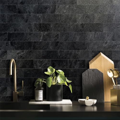 AULIGET 100 Piece Black Slate Peel and Stick Backsplash Wall Tiles, 3" x 6" PVC Faux Stone Stick on Tiles for Backsplash Kitchen, Bathroom, Laundry Room, Camper, Fireplace - Image 4