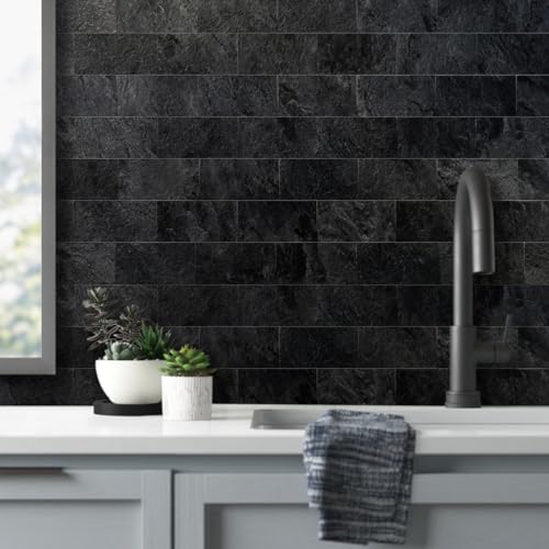 AULIGET 100 Piece Black Slate Peel and Stick Backsplash Wall Tiles, 3" x 6" PVC Faux Stone Stick on Tiles for Backsplash Kitchen, Bathroom, Laundry Room, Camper, Fireplace - Image 2